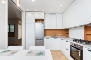 a kitchen with fridge